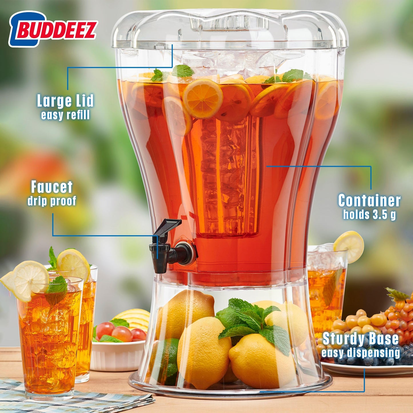 Buddeez 3.5 Gallon Beverage Dispenser with Stand - BPA-Free Tritan Drink Dispenser with Spigot, Ice Cone & Chalkboard Label for Parties, Weddings and Events