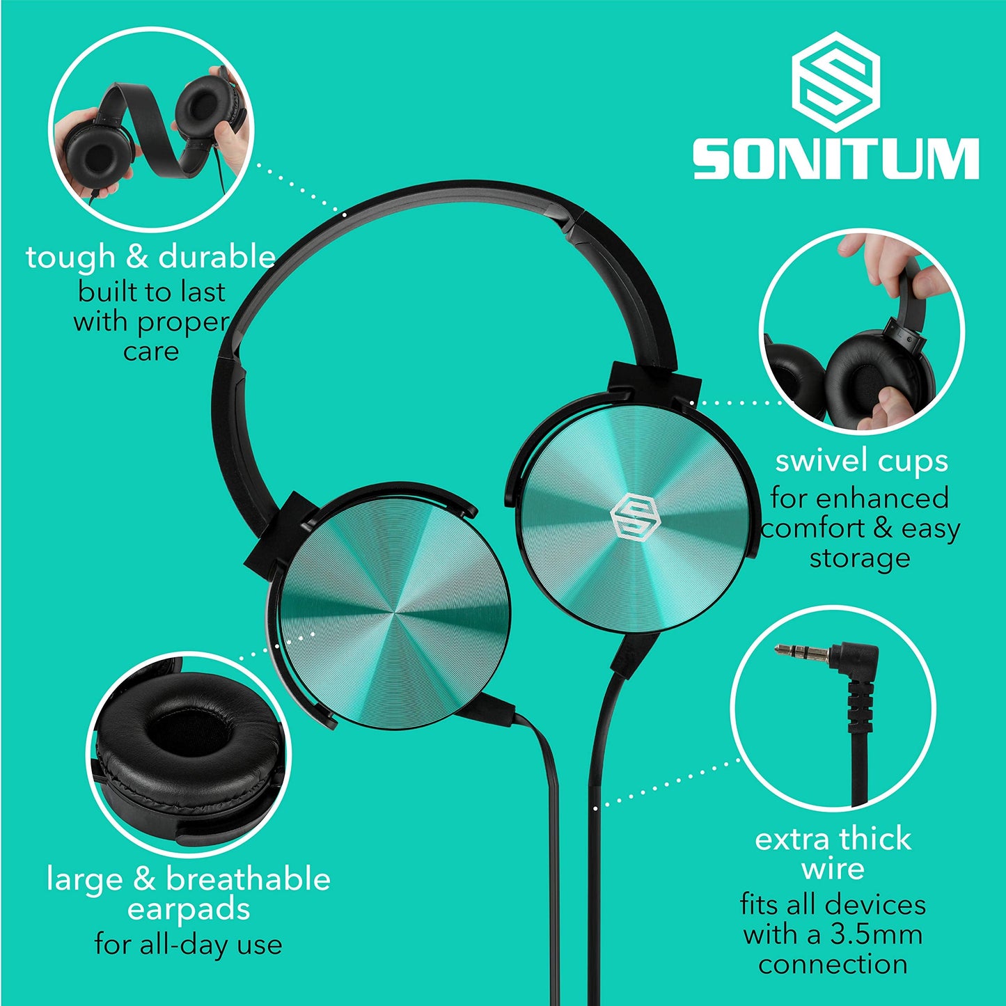 Classroom Headphones Bulk 5 Pack, Student On Ear Color Varieties, Comfy Swivel Earphones for Library, School, Airplane, Kids, for Online Learning and Travel, Noise Stereo Sound 3.5mm Jack (Black)