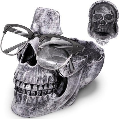 READAEER Skull Glasses Stand Holder, Creative Eyeglasses Holder, Sunglasses Spectacle Display Rack, Key Holder Resin Sculptures for Entryway, Home, Office, Desk, Nightstand (Silver)