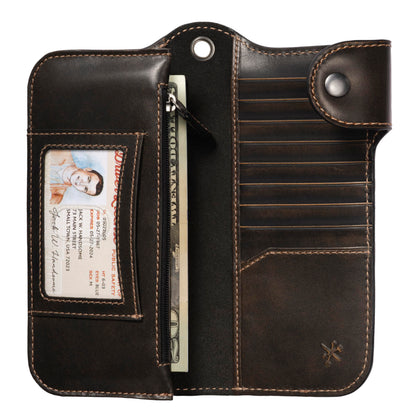 House of Jack Co. Skull Biker Wallet for Men, Long Motorcycle Wallet with Grommet & Snap Closure, Full-Grain Cowhide Leather, Vintage Black (Chain Not Included)