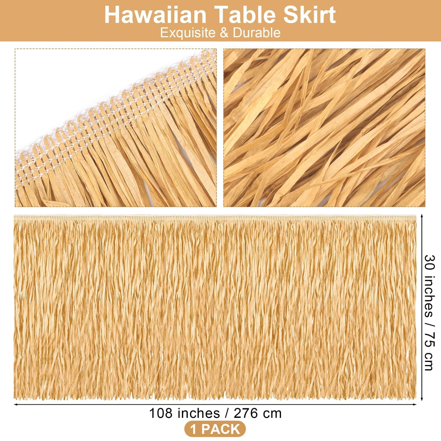 Fovths 1 Pack Luau Grass Table Skirt Paper Fringe Dark Straw Skirt 108 x 30 Inch Hibiscus Hawaiian Table Skirts Rectangle Tropical Luau Party Decorations for Hawaiian Luau Decorations
