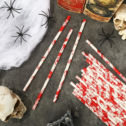 Whaline 200Pcs Halloween Paper Straws - Bloody Handprint Disposable Drinking Straws for Juices, Shakes, Cocktails - Red White Horror Theme Party Supplies Decoration