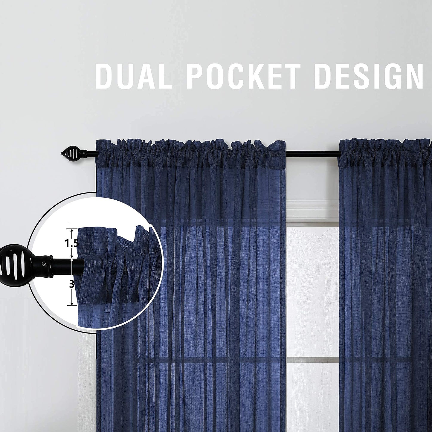Navy Blue Window Curtains 96 Inches Long 2 Panel Set Rod Pocket Woven Textured Linen Look Voile Sheer Drapes for Living Room Village Apartment Cabin Garden Canopy Family Room Home Decor 52 Inch Width