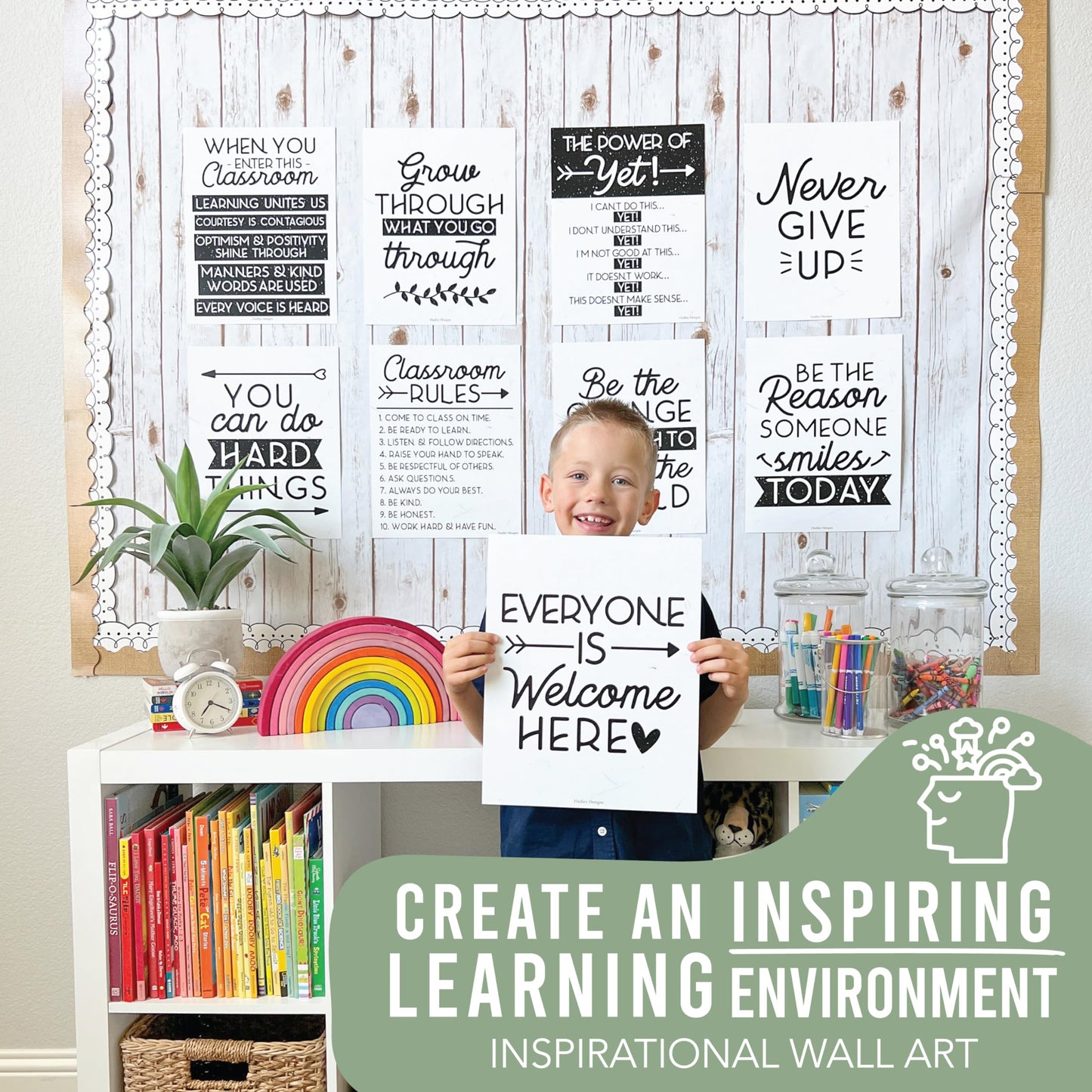 Hadley Designs Motivational Poster for Classroom Decor - 9 Growth Mindset Classroom Posters Elementary, Inspirational Wall Decor Middle School, Teacher Must Haves, Black Bulletin Board Decorations