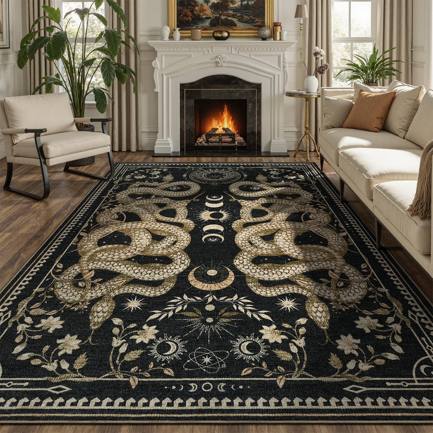 DCX Washable 5x7 Snake Rug, Black Gothic Rug for Living Room, Soft Low Pile Carpet, Kid & Pet Friendly with Rubber Back Non Slip, Stain Resistant Rug for Bedroom Dining Room Office