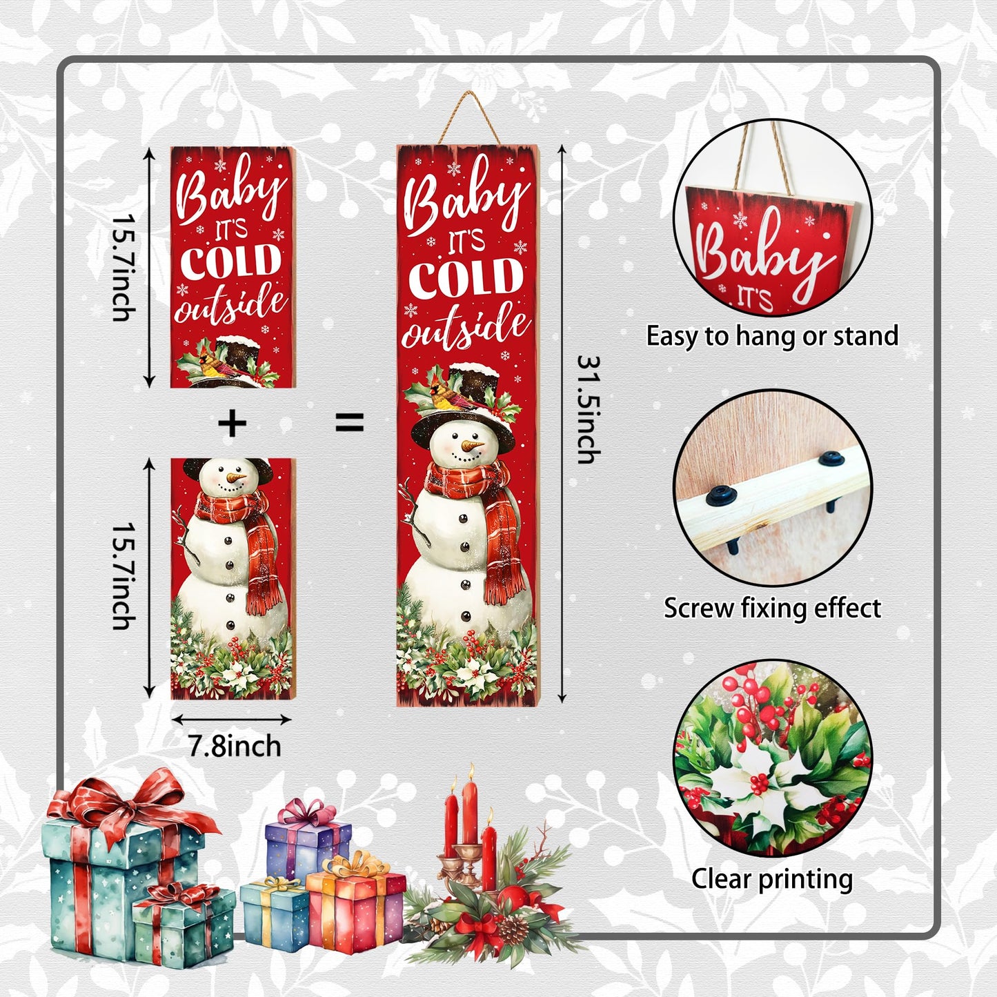 Christmas Snowman "Baby It’s Cold Outside" Porch Sign 31.5" Rustic Welcome Sign for Front Door Farmhouse Style Standing Porch Decoration