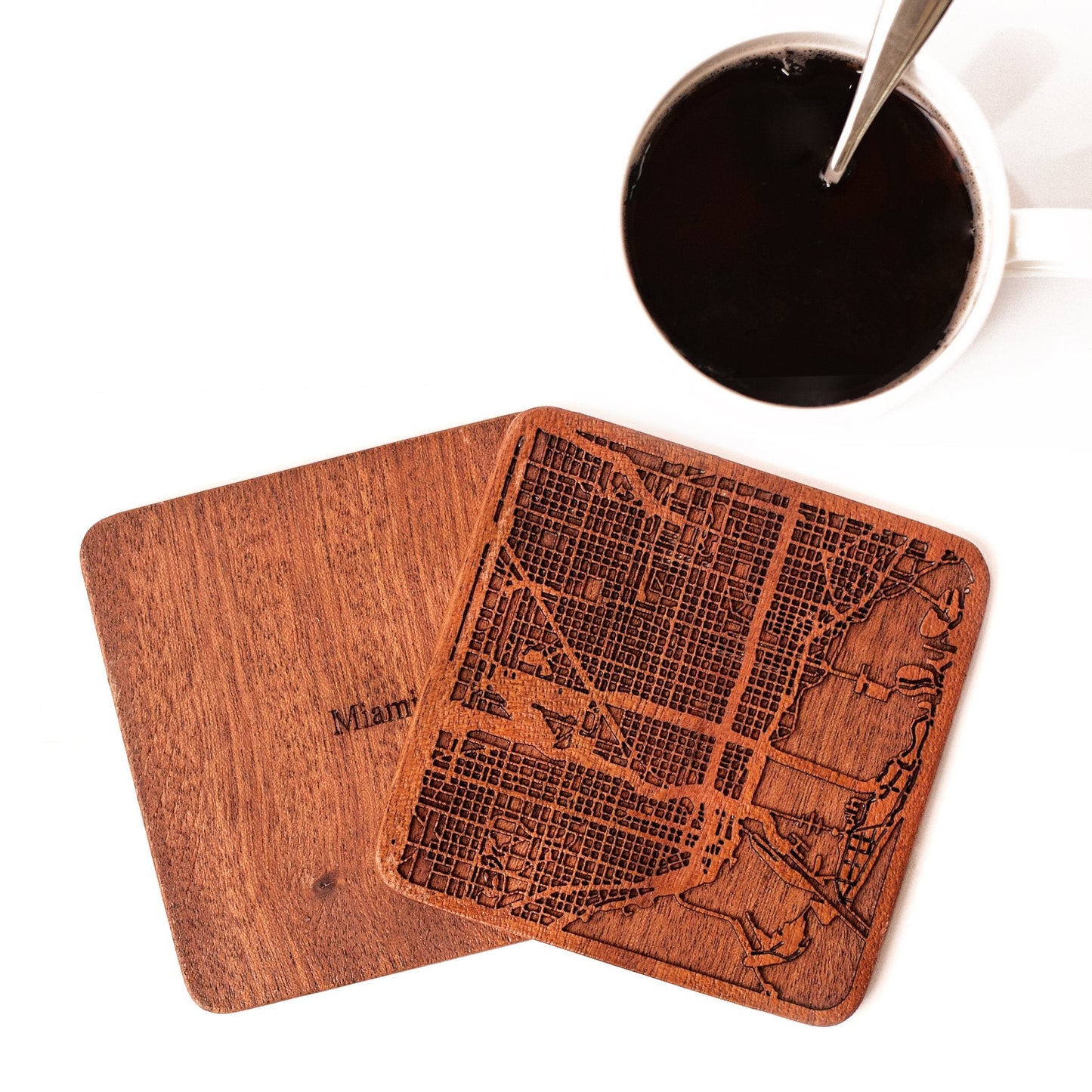 Rio de Janeiro Map Coaster by O3 Design Studio, Set Of 4, Sapele Wooden Coaster With City Map, Handmade