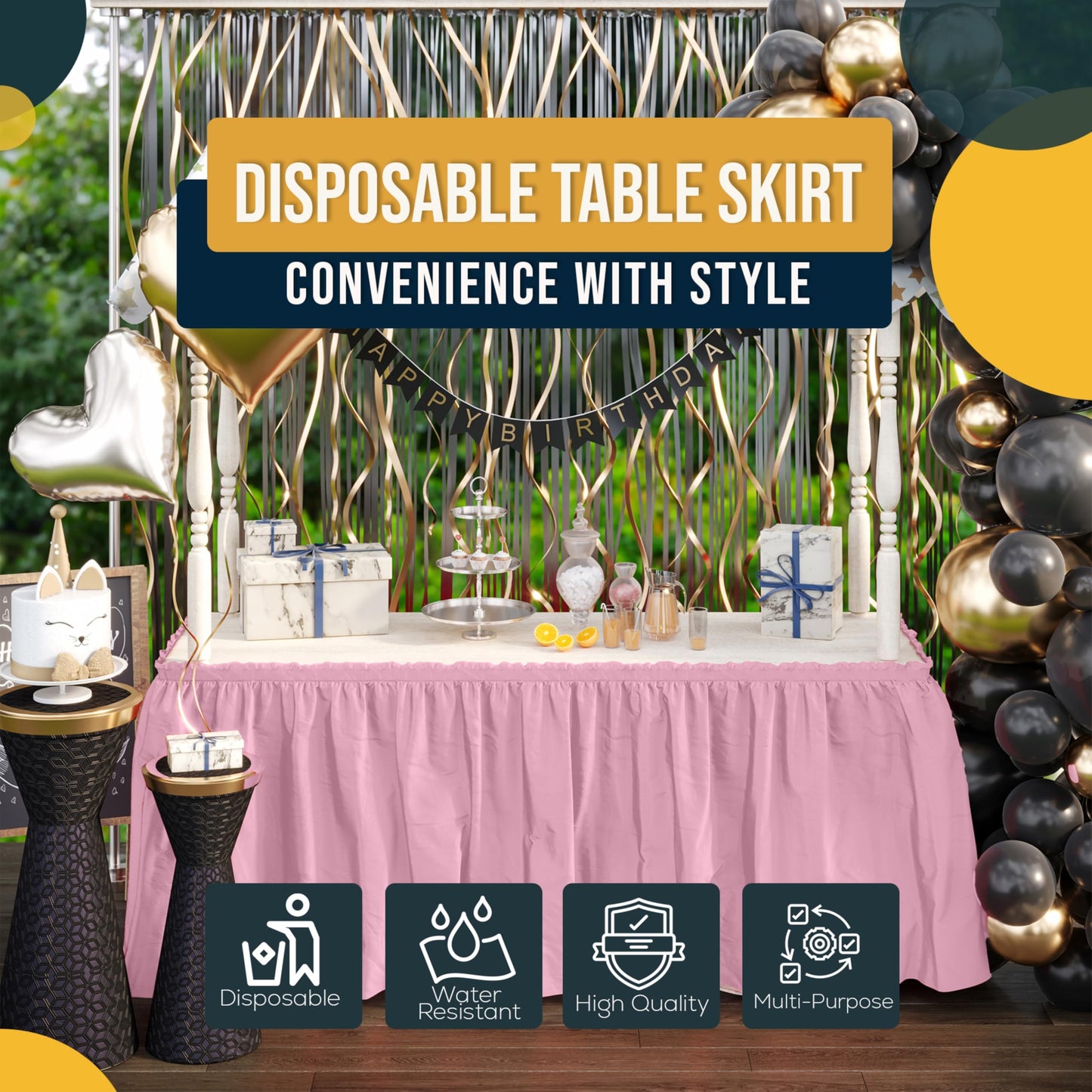 Exquisite Pink Table Skirt 6 Pack - Disposable Plastic Table Skirts for Rectangle Tables 6ft 8ft & Round Tables - 29in x 14ft Self-Adhesive Strip - Birthday Wedding Gender Reveal Decor