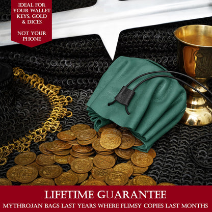 Mythrojan medieval leather pouch renaissance drawstring belt bag for larp, viking, cosplay, coin & jewelry waist purse- green, 4.9"x3.5"