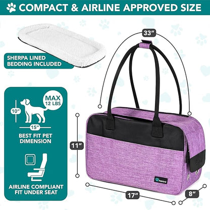 PetAmi Dog Purse Carrier for Small Dogs, Airline Approved Soft Sided Pet Carrier with Pockets, Ventilated Dog Carrying Bag for Puppy Cat, Dog Travel Supplies Bag, Sherpa Bed, Max 12 lbs, Purple