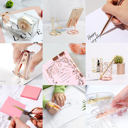 Rose Gold Office Supplies and Accessories, Acrylic Stapler, Staple Remover, Tape Holder, Ballpoint Pen, Scissor, Binder Clips, Staples, Phone Holder, Ruler, Transparent Glue and 300 Notes