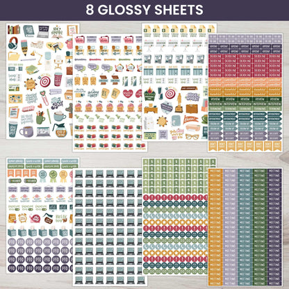 bloom daily planners Workday Essentials Planner Stickers - Productivity Variety Pack for Business Professionals - 8 Sheets / 802 Stickers - Meetings, Deadlines, Payday Icons for Work & Office