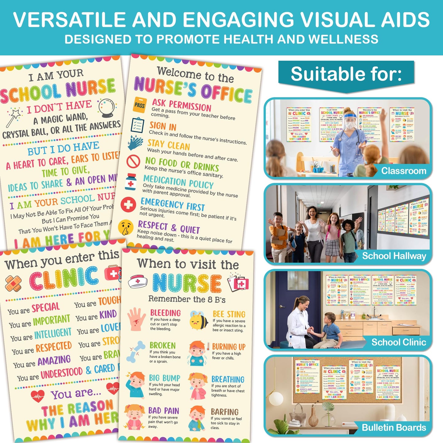 Lalunia 4 Pcs School Nurse Poster - 11"x16", When You Enter This Clinic, Health Office Posters for Office Bulletin Board Decorations, Education Back to School Nurses Supplies