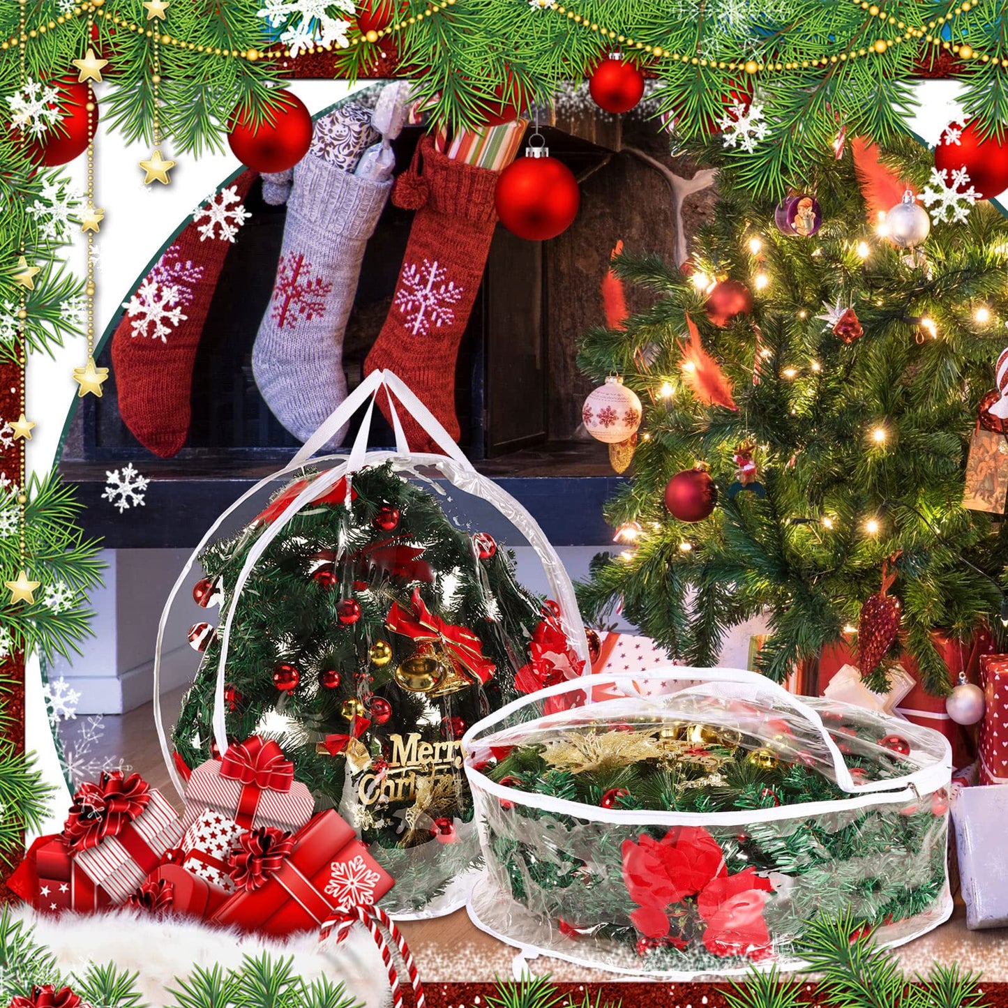 Zhengmy 10 Pcs 30 Inch Christmas Wreath Storage Bags Transparent Wreath Storage Container Bulk Wreaths Box with Dual Zippers and Handles for Xmas Holiday Wreaths Garland