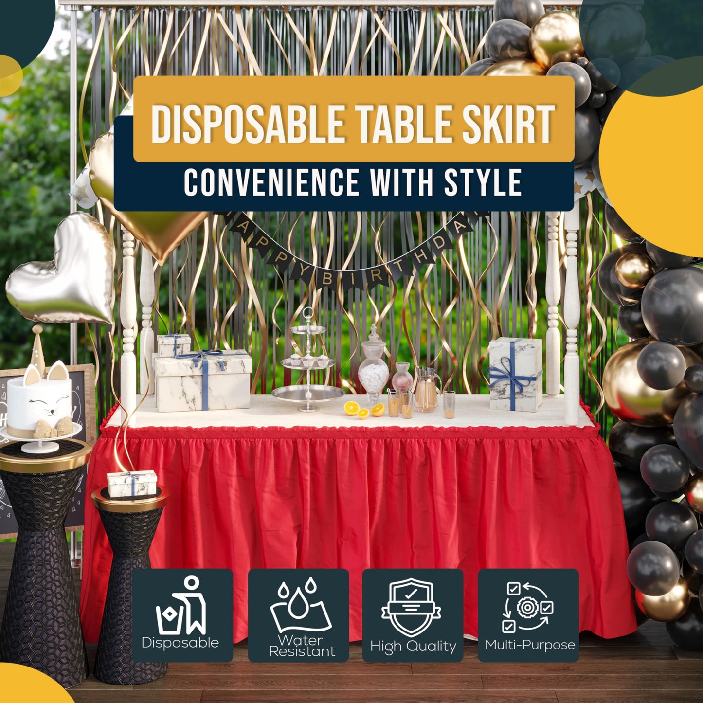 Exquisite Red Table Skirt 6 Pack - Disposable Plastic Table Skirts for Rectangle Tables 6ft 8ft & Round Tables - 29in x 14ft Self-Adhesive Strip - Birthday Wedding Gender Reveal Decor
