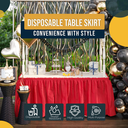Exquisite Red Table Skirt 6 Pack - Disposable Plastic Table Skirts for Rectangle Tables 6ft 8ft & Round Tables - 29in x 14ft Self-Adhesive Strip - Birthday Wedding Gender Reveal Decor