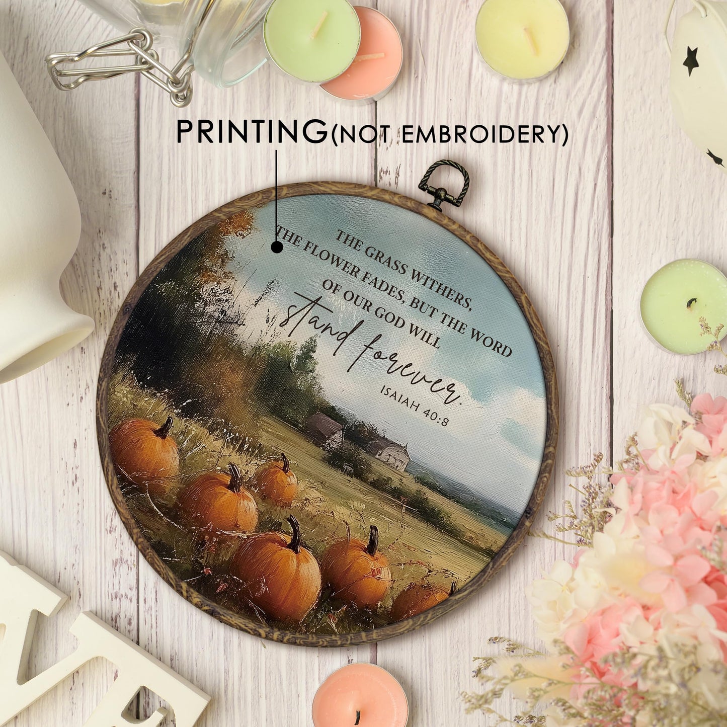 KFXHANGD Christian Fall Round Wall Art Framed, Pumpkin Wall Decor, Autumn Isaiah 40:8 Canvas Art, Fall Pumpkin Bible Hanging Decor for Farmhouse Kitchen Bathroom Living Room, 10x10inch