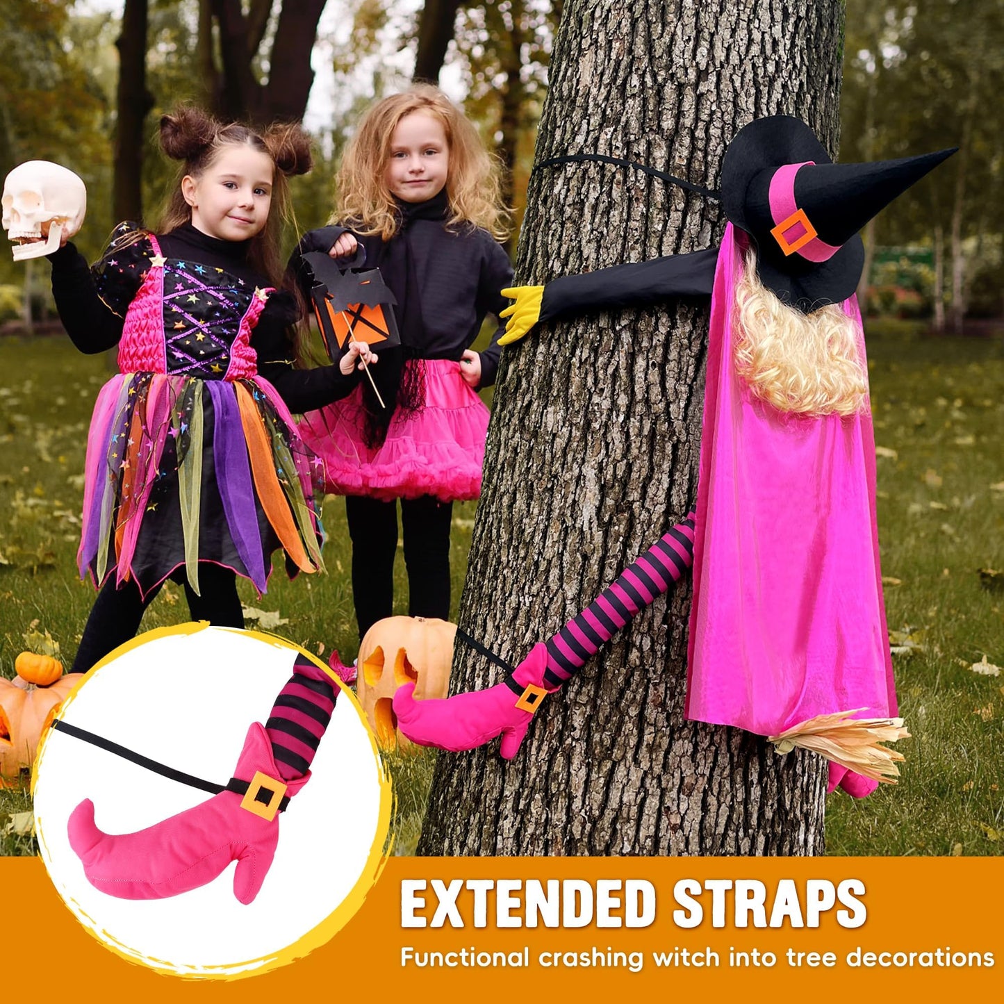 Giiffu Pink Halloween Decorations Outdoor 53" Crashing Witch Tree Decor