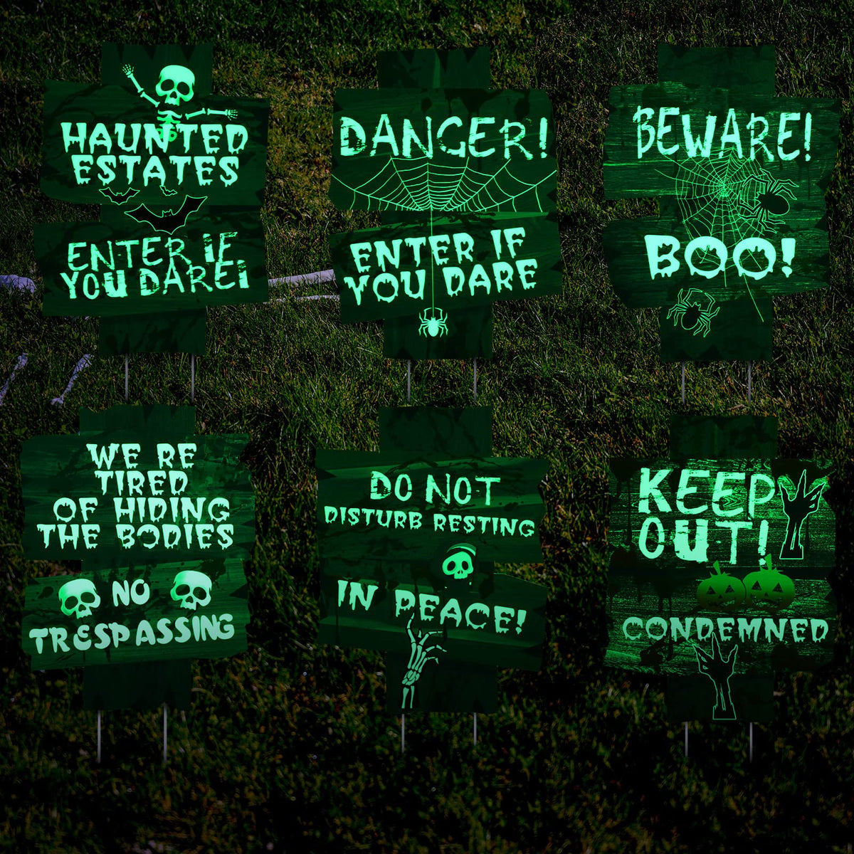 6 Pcs Halloween Decorations Glow in Dark Yard Sign Fluorescence Scary Halloween Outdoor Decorations Beware Props for Lawn Graveyard Graves Haunted House Zombie Vampire Graves Holiday Party