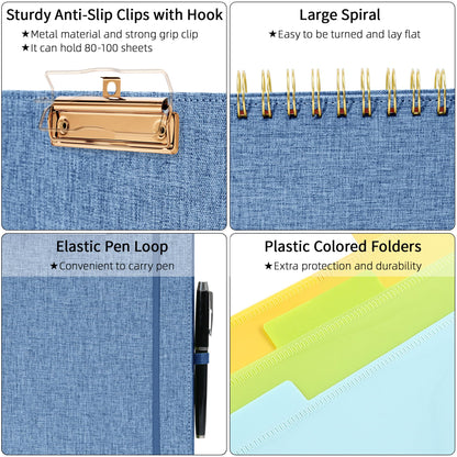 Ospelelf Foldable Spiral Clipboard Folio with Storage Zipper Pouch, 5 Plastic Folders with 10 Pockets, Refillable Lined Notepad (11" x 8.5"), Linen Hardcover Project Organizer(Haze Bule)