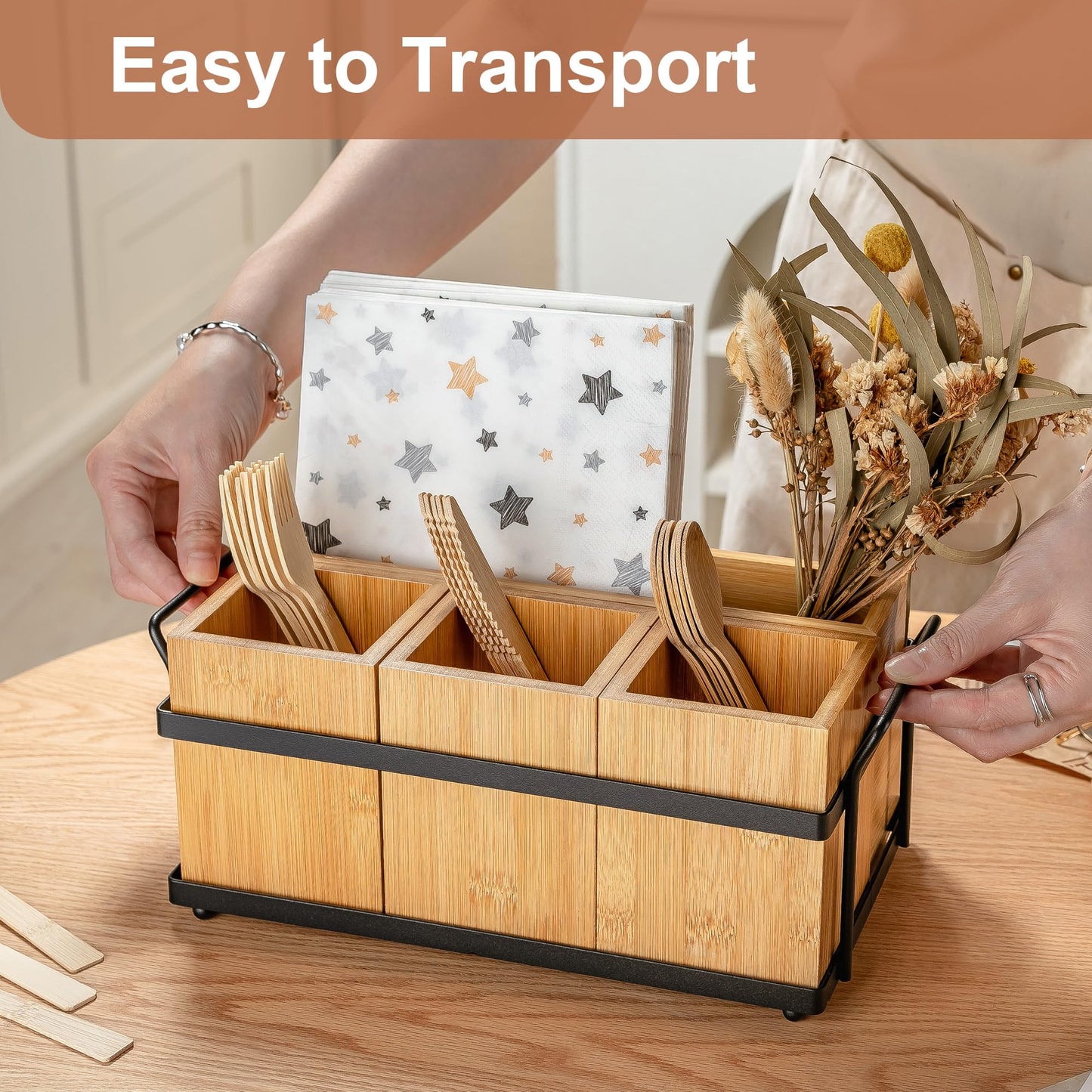 PTSTING Silverware Caddy Wood Utensil Holder Paper Plate Dispenser Silverware Utensil Caddy Cutlery Flatware Organizer Box for Spoons Forks Plates Napkins
