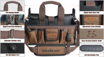 WELKINLAND 20-Pockets Tool Tote Bag, 16" Electrician Tool Bag, Open-Top Tool Bag, Stay-Up HVAC Tools Bag, Brown Tech Tools Bags, HVAC Bag, Tool Tote Bag With Handle