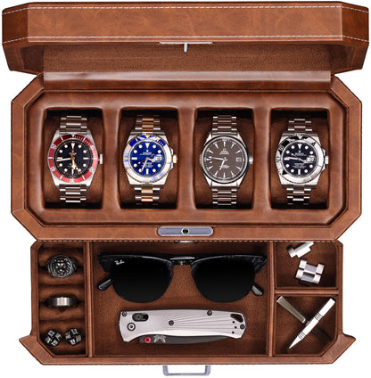 ROTHWELL 4 Slot Leather Watch Box with Valet Drawer - Luxury Case Display Jewelry Organizer, Locking Display Case Holder with Real Glass Top - Watch Box Organizer for Men & Women (Tan)