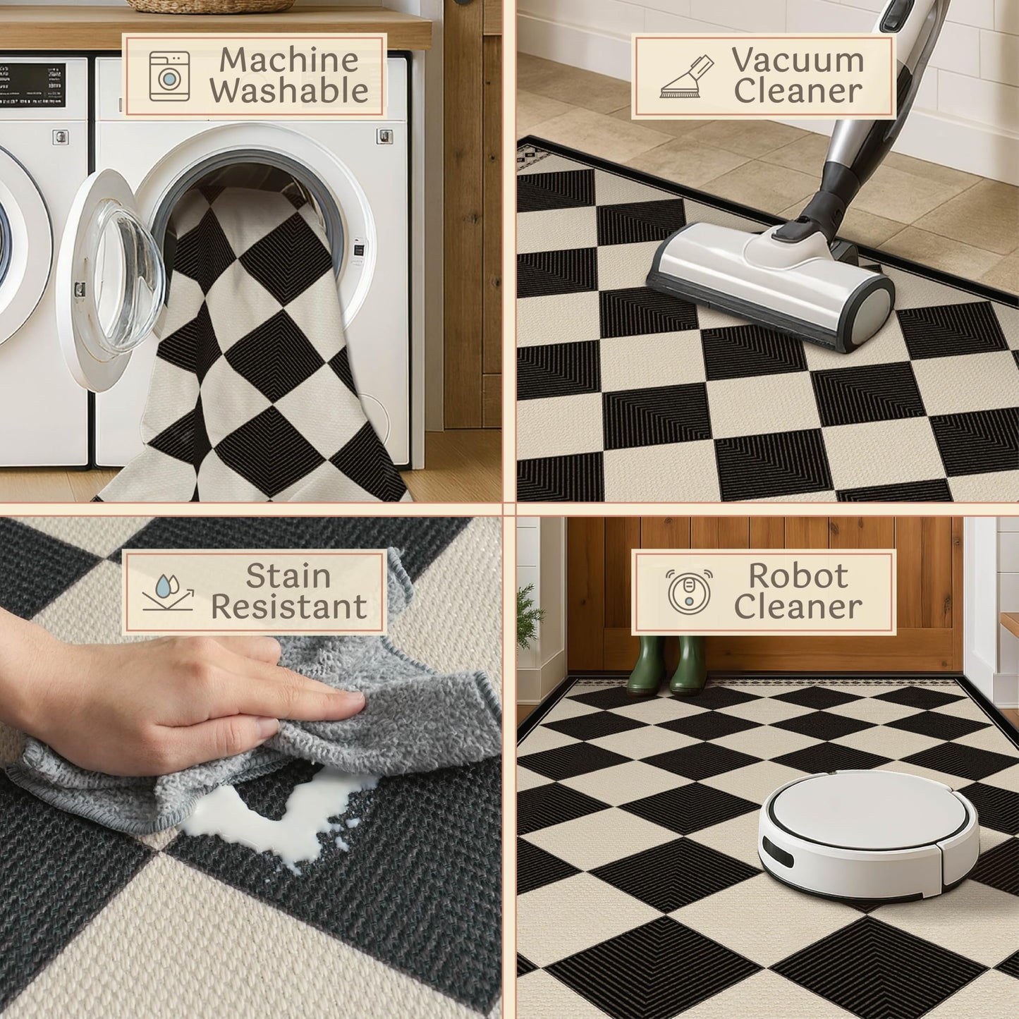 Black and White Checkered 2x5 Easy Jute Laundry Room Rug Runner, Laundry Floor Mat, Washable Non Slip Diamond Boho Carpet for Entryway, Bathroom, Kitchen, Checkerboard Modern Farmhouse Mat