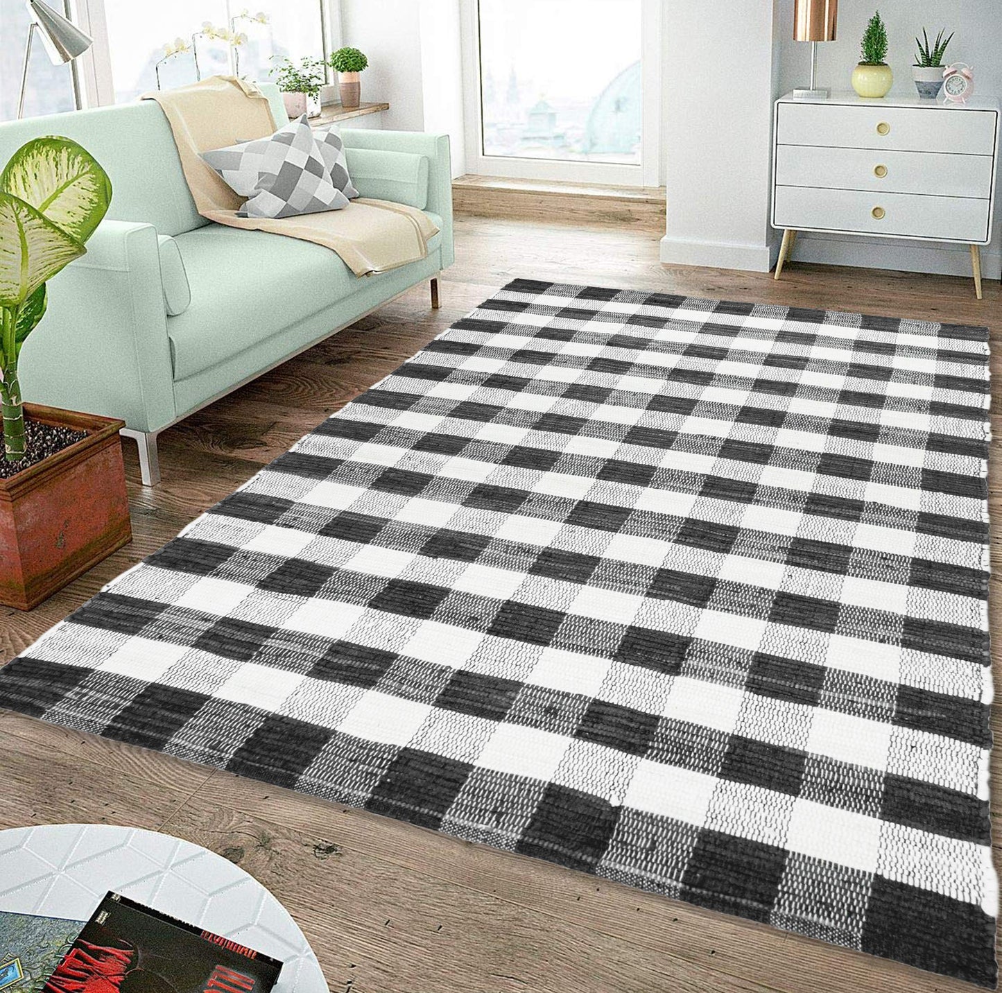 GLAMBURG Cotton Reversible Area Rug 3' x 5' Farmhouse Floor Mat, Handwoven Washable Carpet Checkered Plaid Rug for Front Porch Living Room Kitchen Bedroom - Black White