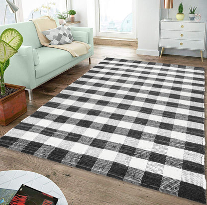 GLAMBURG Cotton Reversible Area Rug 3' x 5' Farmhouse Floor Mat, Handwoven Washable Carpet Checkered Plaid Rug for Front Porch Living Room Kitchen Bedroom - Black White