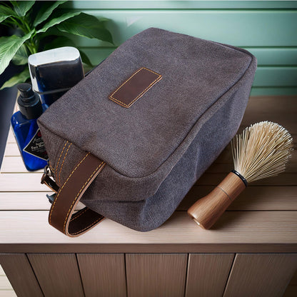 Eurow Luxe Mens Premium Canvas Toiletry Bag With Faux Leather Handstrap For Travel, Organize Bath Supplies, Grooming & Shaving Kits, Personal Hygiene, Travel Essentials, Gray