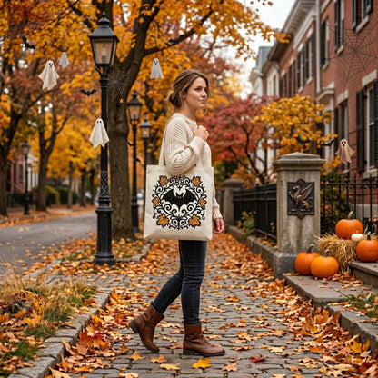 2 Pack Vintage Fall Halloween Canvas Tote Bags,Retro Gothic Ghost Witch Pumpkin Bat&Autumn Maple Leaf,Reusable Carryall Bags for Trick-or-Treat,Fall Harvest&Thanksgiving Gifting (Bat&Pumpkin)
