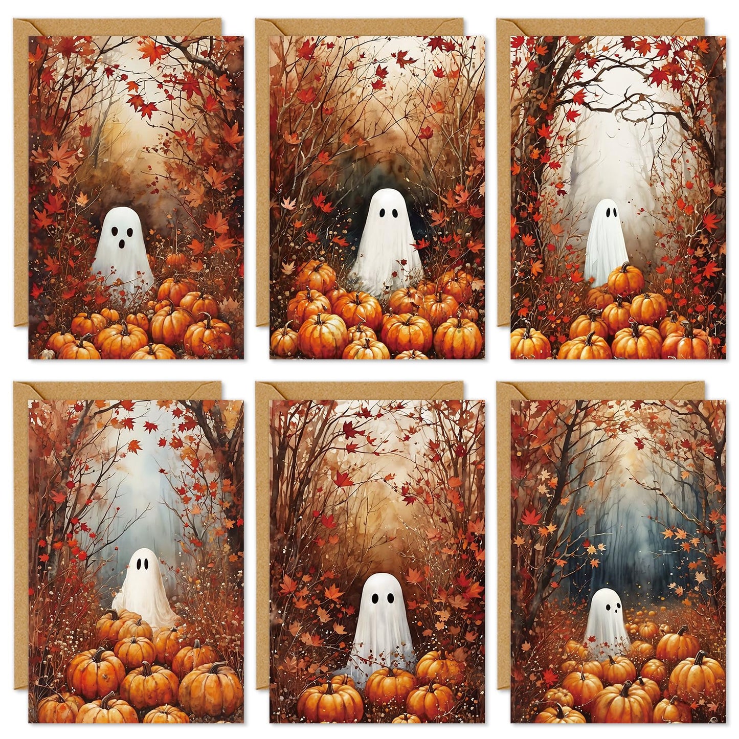 JarThenaAMCS 36 Pack Halloween Cards Ghost Pumpkin Maple Leaves Greeting Cards with Envelopes Stickers Glue Stick Blank Note Card for Party Invitations, 4 x 6 Inch