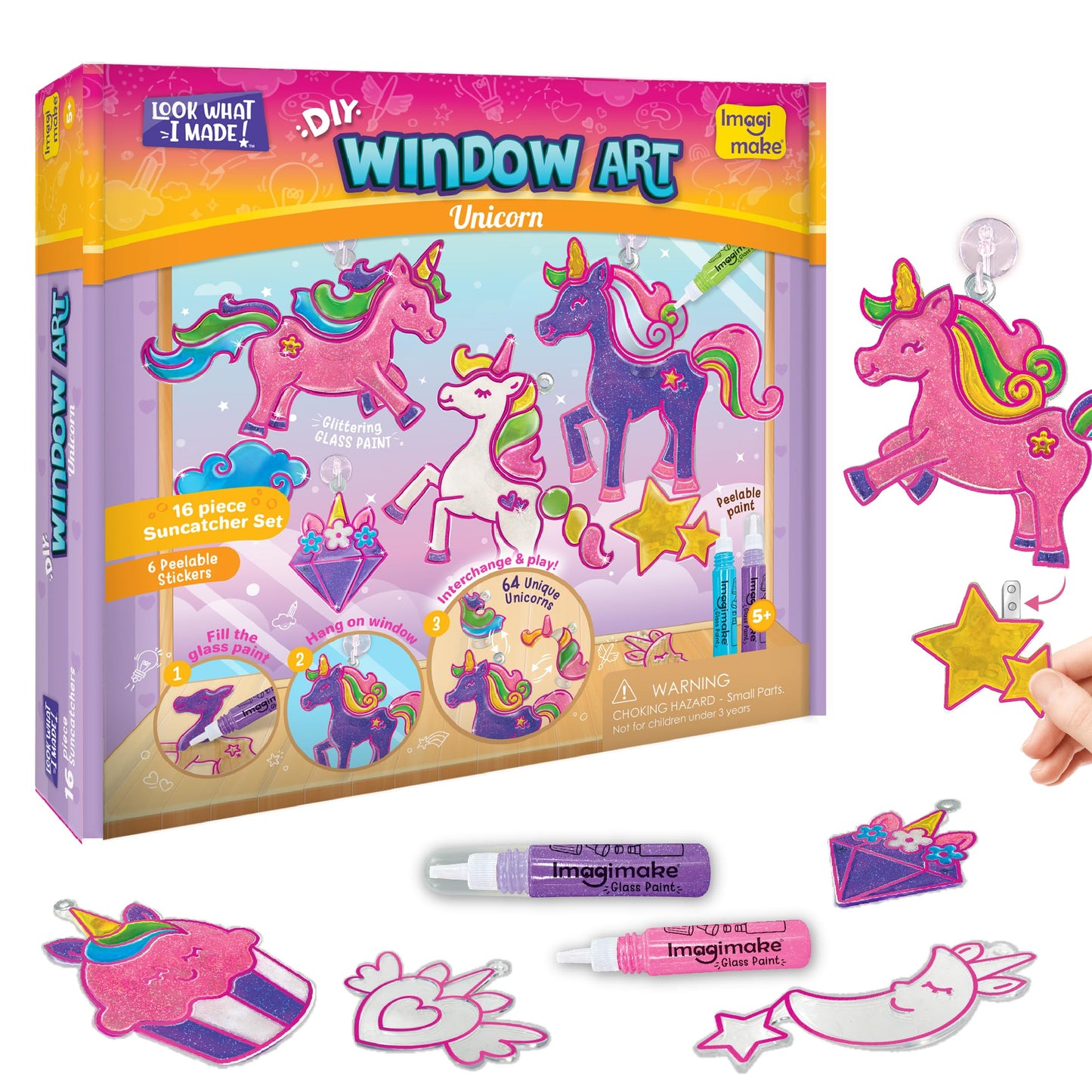 Imagimake Window Art Unicorn | Low Mess Suncatcher Kit | 16 Pieces Glass Painting Set | Kids Activities Ages 5-8 | DIY Craft Kit | Birthday Gift for Girls Ages 5,6,7,8,9,10,12 Years Old