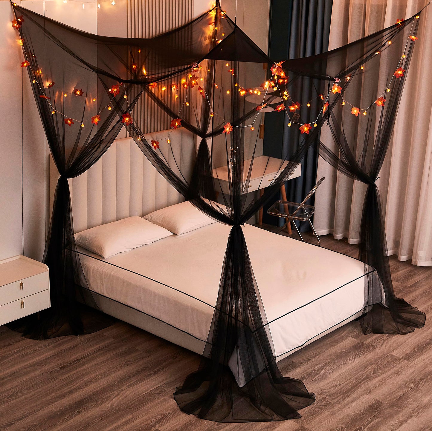 Mengersi Bed Canopy with Lights,Maple Leaf Pumpkin Canopy Bed Curtains Mosquito net,Halloween Theme Party Supplies Festival Decor,Black