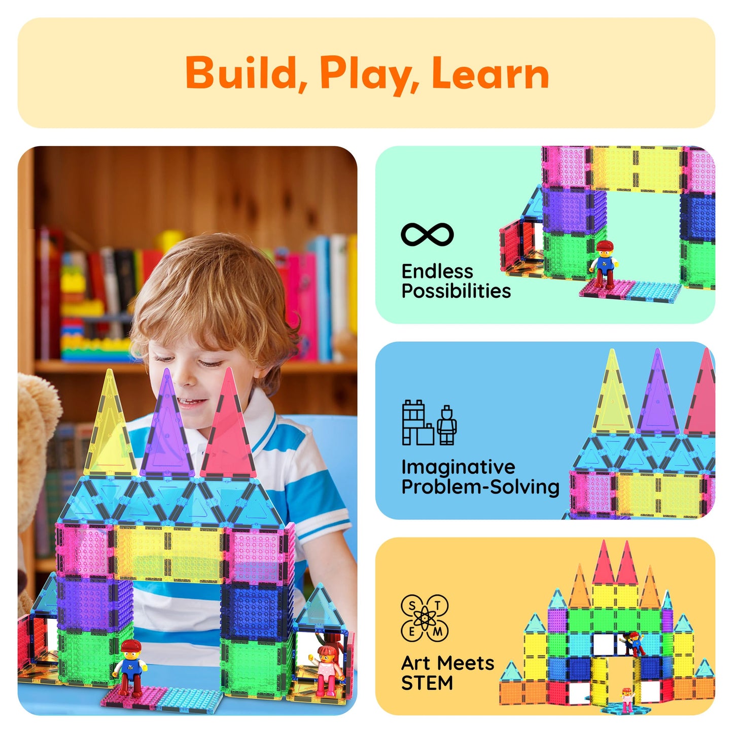 PicassoTiles 63pc Magnetic Tile Building Block Set with 2 Character Figures STEM 3D Construction Educational Toy for Kid Toddlers Boys Girls Age 3 Plus Montessori Learning Playset Creativity Kit PTL63
