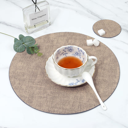 Cloth Leather Round Placemats, Gray and Beige Double-Sided Heat-Resistant Placemats and Coasters Set of 4, Small Placemat for Dessert Plate Easy to Clean for Dining