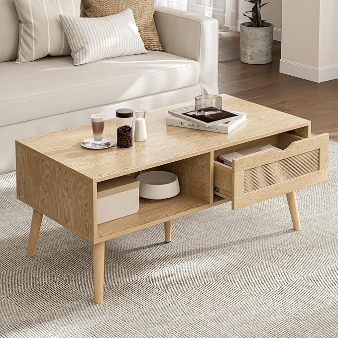ZttRiee Coffee Table with Storage, Boho Dining Table with Rattan Drawer and Solid Wood Legs, Small Coffee Tables for Living Room, Oak
