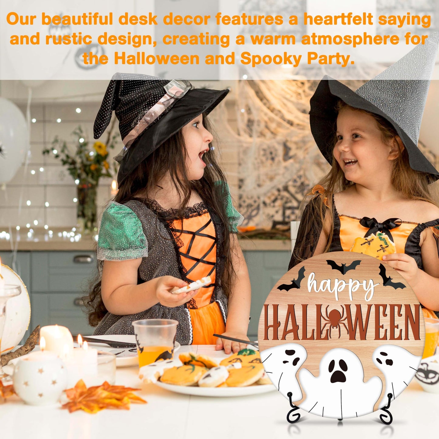 Seclate Halloween Desk Decorations for Home, Spider Wooden Table Centerpieces for Office Living Room Shelf Decor, Bat Ghost Gifts for Women Friends - E09