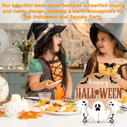 Seclate Halloween Desk Decorations for Home, Spider Wooden Table Centerpieces for Office Living Room Shelf Decor, Bat Ghost Gifts for Women Friends - E09