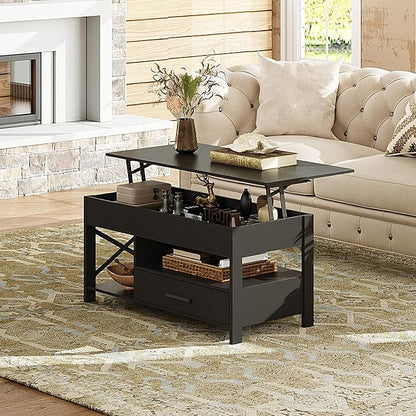 WLIVE Coffee Table, 39" Lift Top Coffee Table with Hidden Compartment, Storage Drawers and Storage Shelf for Living Room, Reception Room, Black