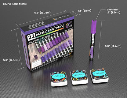 TOOLI-ART 22 Acrylic Paint Markers Paint Pens Pro Color Series Set 3mm Medium Tip for Rock Painting, Glass, Mugs, Wood, Metal, Glass Paint, Canvas, DIY. Non Toxic, Waterbased, Quick Drying (PURPLE)