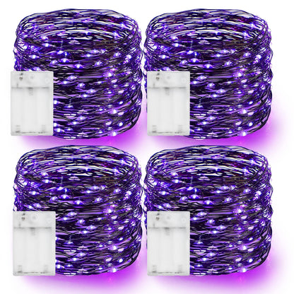 Dazzle Bright Purple Halloween Fairy String Lights, 4 Pack Total 80FT 240LED Copper Wire Battery Operated Waterproof Lights, Halloween Decorations for Indoor Home Outdoor Patio Yard Party Decor
