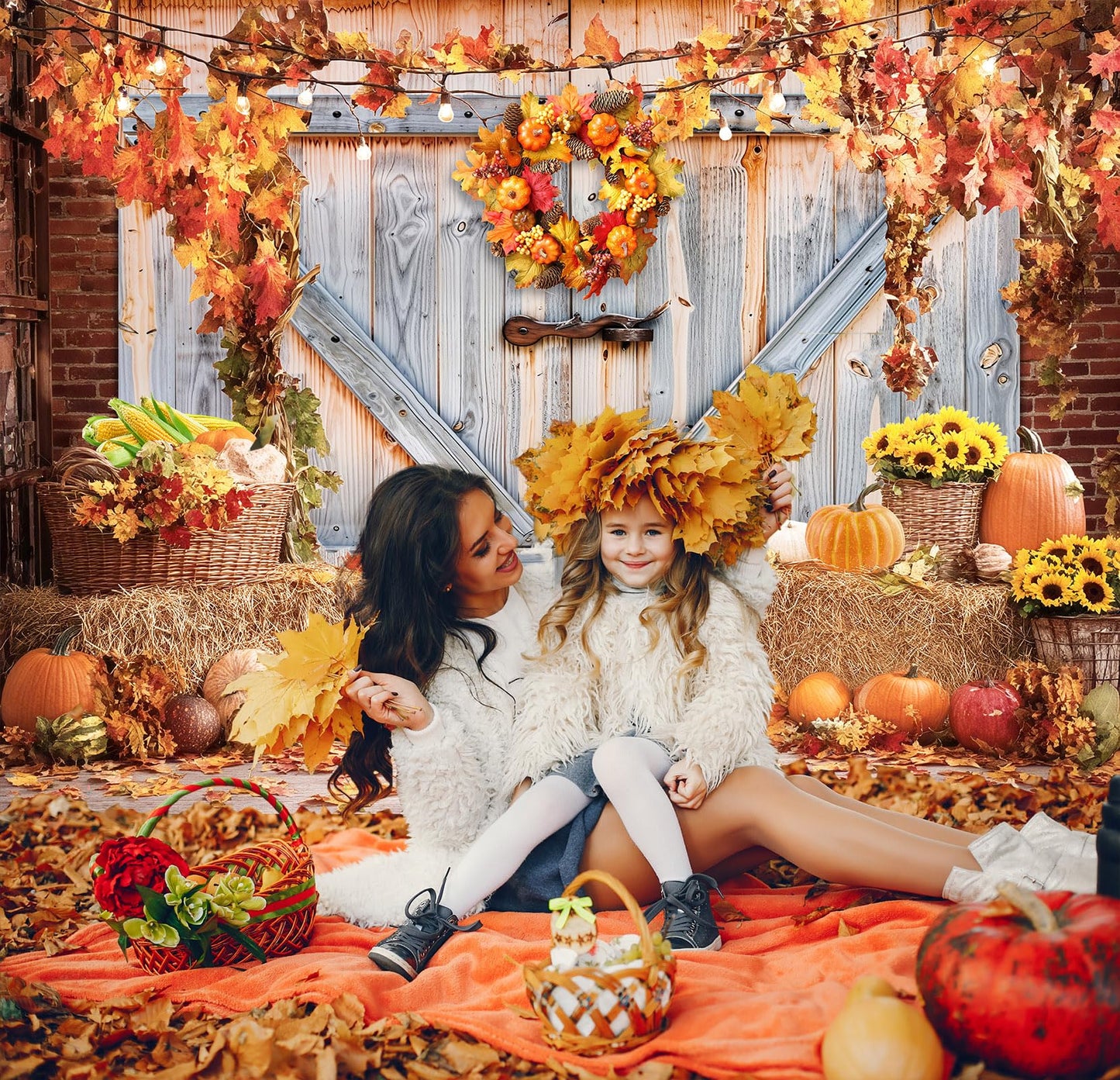 Fall Photo Backdrops for Photography, Pumpkin Thanksgiving Backdrop for Photoshoot, Orange Maple Leaves Harvest Friendsgiving Decorations 10x8ft