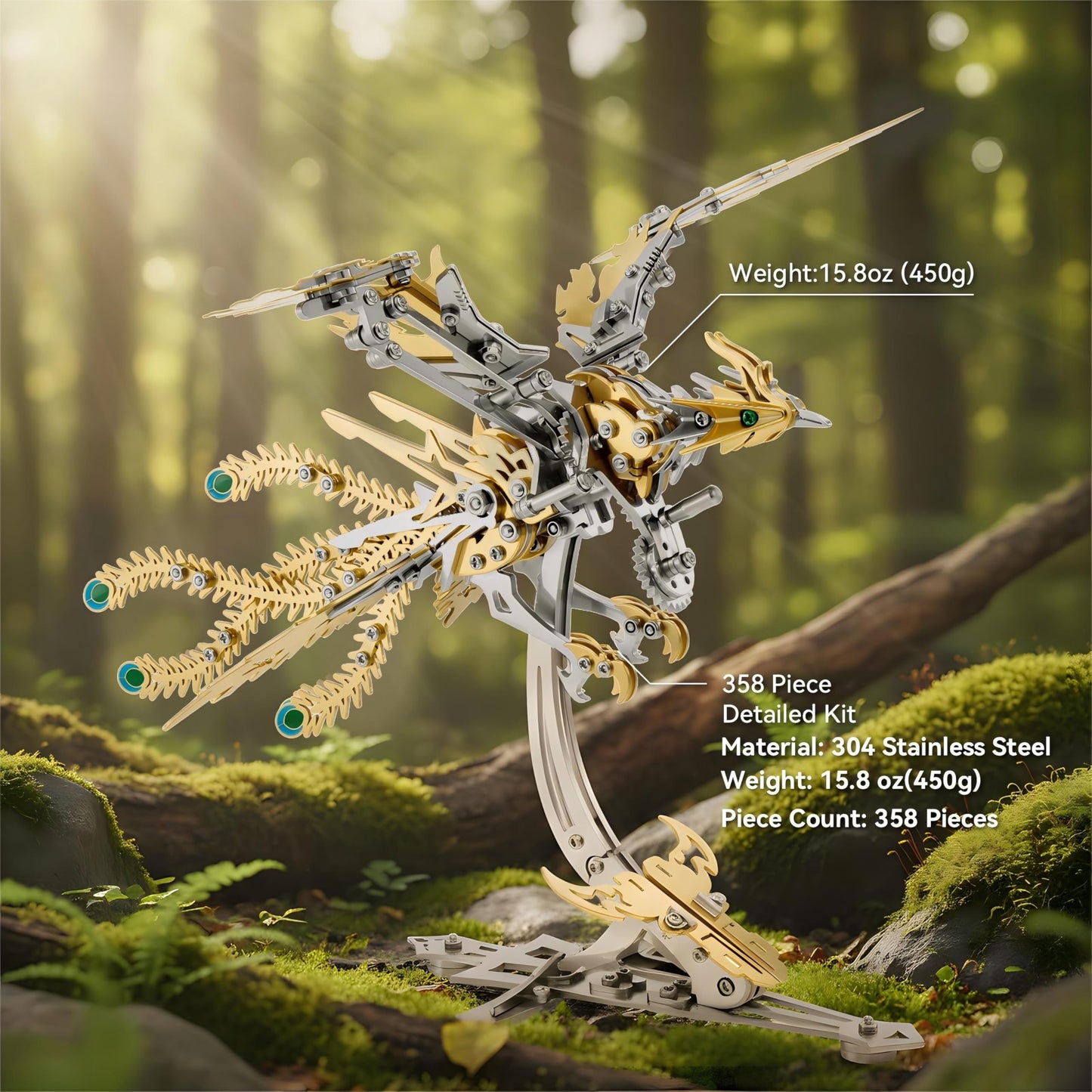 Gold-Plated Metal Phoenix Model Kit - 3D Stainless Steel Mythical Bird Puzzle for Adults - Mechanical Firebird Figurine - Steampunk Kinetic Art Sculpture - Home Decor Gift(Phoenix-Gold)