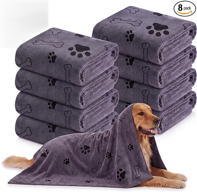 Chumia 8 Pcs Dog Towels for Drying Dogs Cats Pet Towels Bulk Puppy Microfiber Fast Drying Paw Bath Bathing Supplies Absorbent for Medium Pets(55 x 28 Inch,Dog Paw and Bone,Gray)