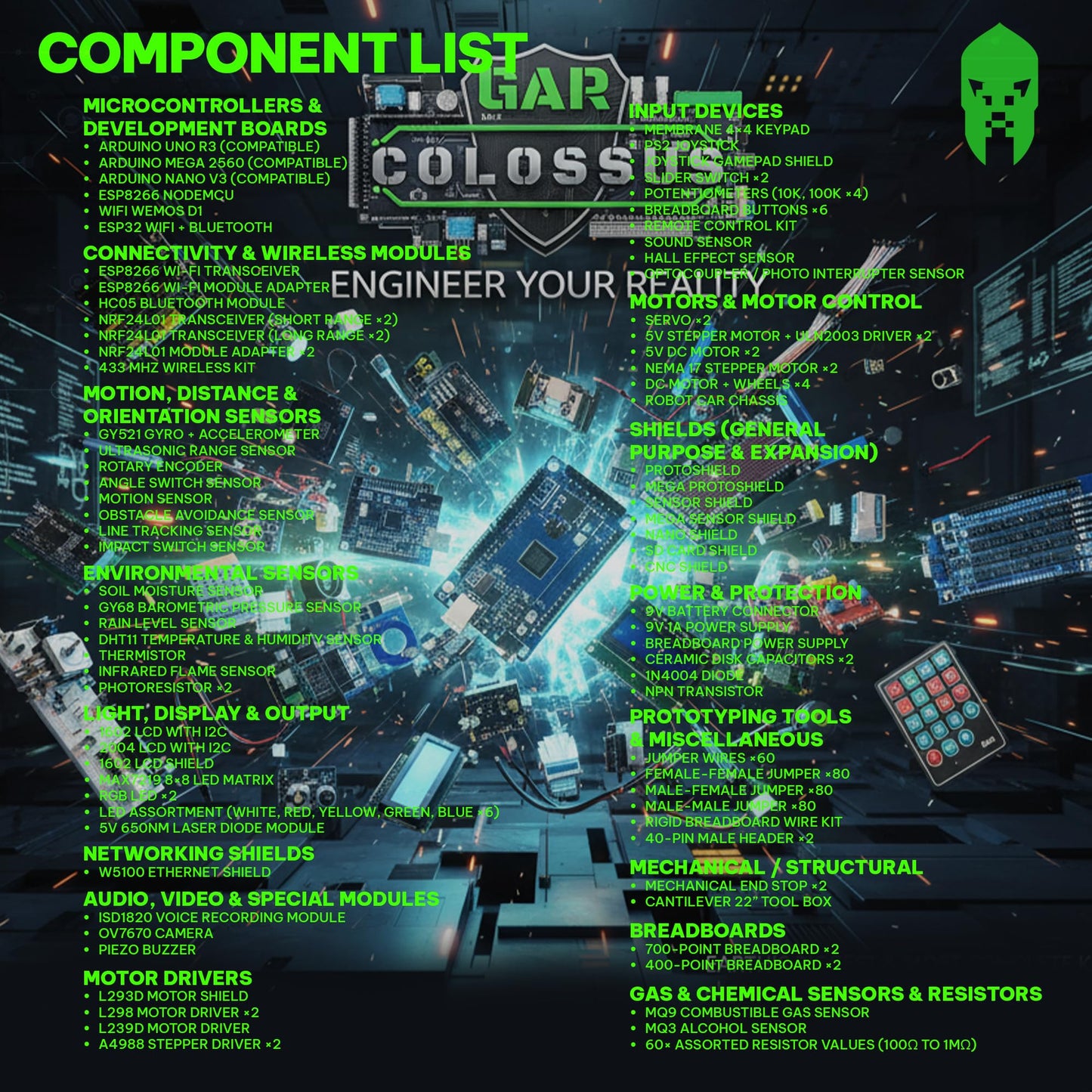 GAR Colossus Starter Kit for Arduino 5 Main Boards 30 Sensors (Uno R3, Mega 2560, Nano V3, ESP8266, ESP32) | 100+ Parts, IoT, Wireless & Smart Robot Car Projects Husky Tool Box + Tutorials
