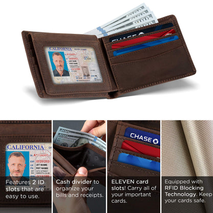 SERMAN BRANDS 2 ID Window Wallet for Men RFID Blocking Leather, Bifold Top Flip, Extra Capacity Travel Wallet (Texas Brown Executive)
