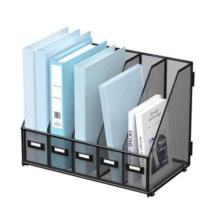 SUPEASY Desk Organizers Metal Desk Magazine File Holder with 5 Vertical Compartments Rack File Organizer for Office Desktop, Classroom, Home Workspace, Black