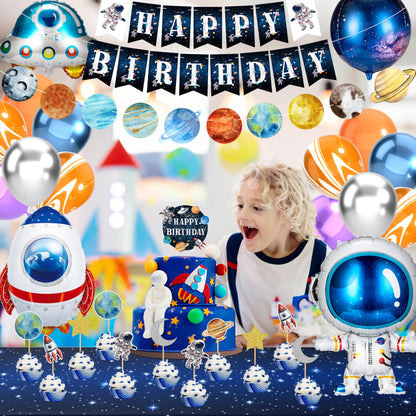Outer Space Birthday Party Decorations Space Themed Party Supplies Planet Banner Backdrop Cake Topper Solar System Paper Lantern Galaxy Tablecloth Balloon Garland Kit for Space Astronaut Party Decor